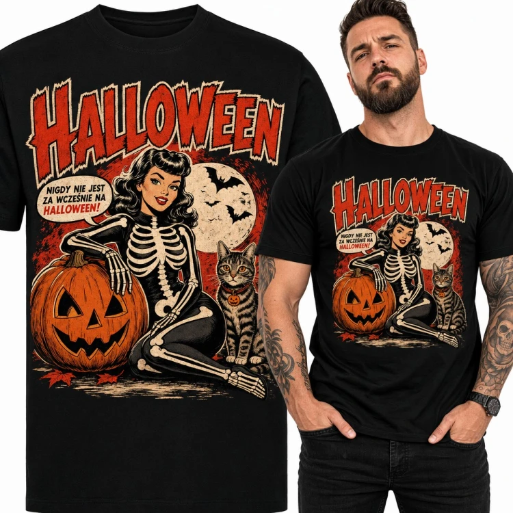 Koszulka męska „Halloween” - retro pin-up w kostiumie szkieletu z dynią i kotem