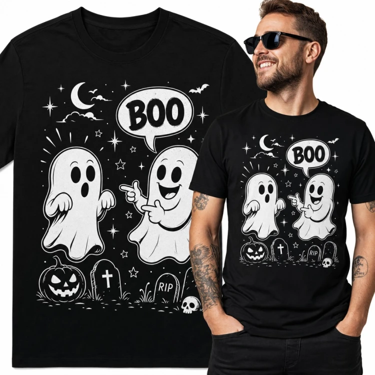 Koszulka męska „Boo” - śmieszne duszki na Halloween z dynią i nagrobkami
