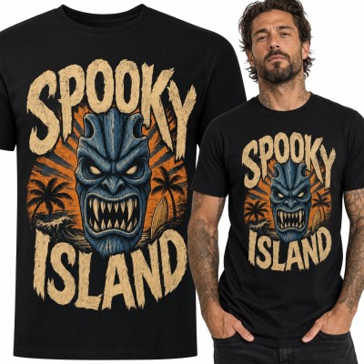 Koszulka męska z maską tiki „Spooky Island” - palmy i surfing