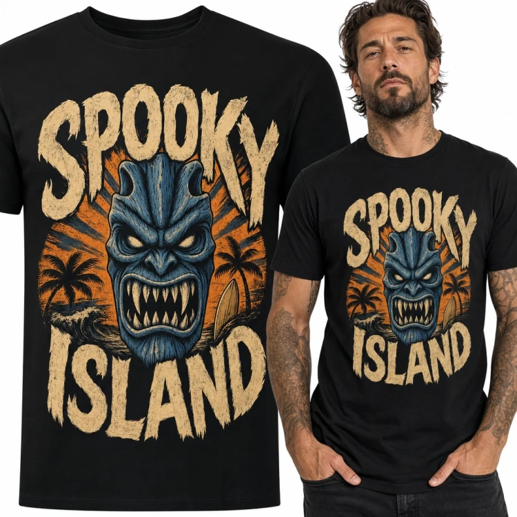Koszulka męska z maską tiki „Spooky Island” - palmy i surfing