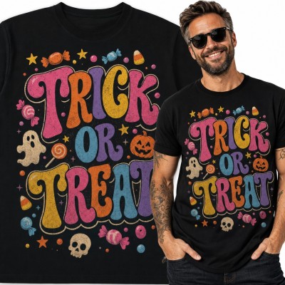 Koszulka męska „Trick or Treat” - retro napis halloweenowy z cukierkami i dynią