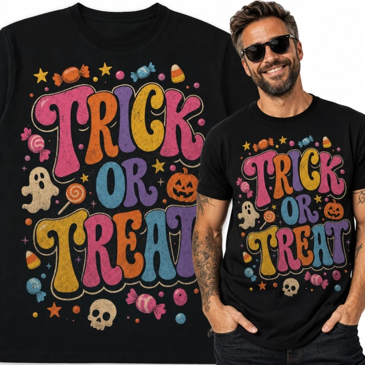 Koszulka męska „Trick or Treat” - retro napis halloweenowy z cukierkami i dynią