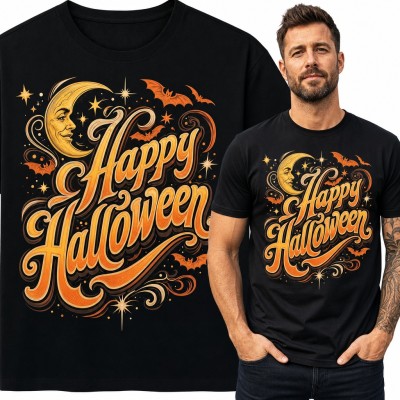 Koszulka męska „Happy Halloween” z księżycem i nietoperzami w stylu retro