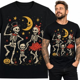 Koszulka męska tańcząca rodzina szkieletów z księżycem i dynią na Halloween