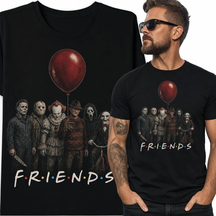 Koszulka męska „Friends” - postacie z horrorów z czerwonym balonem