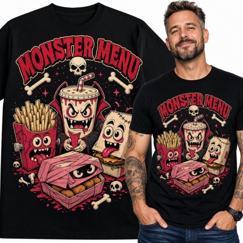 Koszulka męska „Monster Menu” - fast food jako potwory z horroru