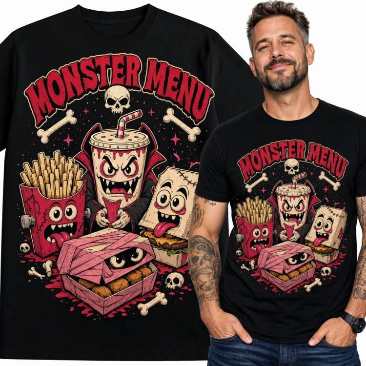 Koszulka męska „Monster Menu” - fast food jako potwory z horroru