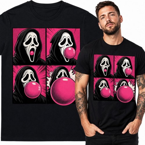 Koszulka męska z maską horroru dmuchającą gumę balonową - komiks pop art