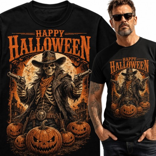 Koszulka męska „Happy Halloween” - szkielet kowboja z rewolwerami i dyniami
