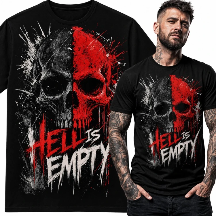 Koszulka męska „Hell is empty” - czerwono-szara czaszka dla fana metalu