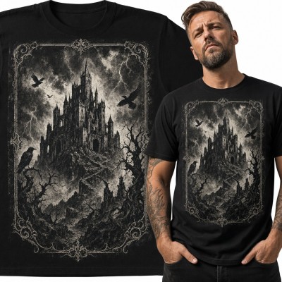 Koszulka męska gotycki zamek w burzy z krukami - dark fantasy