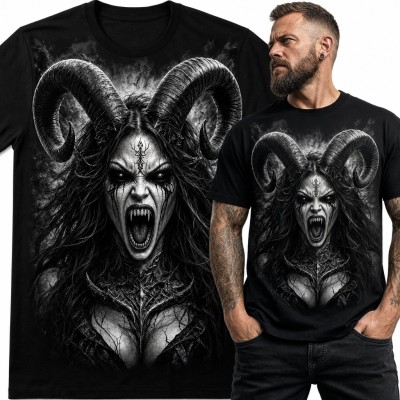 Koszulka męska z demonicą o baranich rogach - krzyk grozy w stylu dark art