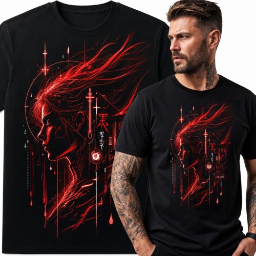 Koszulka męska cyberpunk - profil kobiety z czerwonymi neonowymi włosami