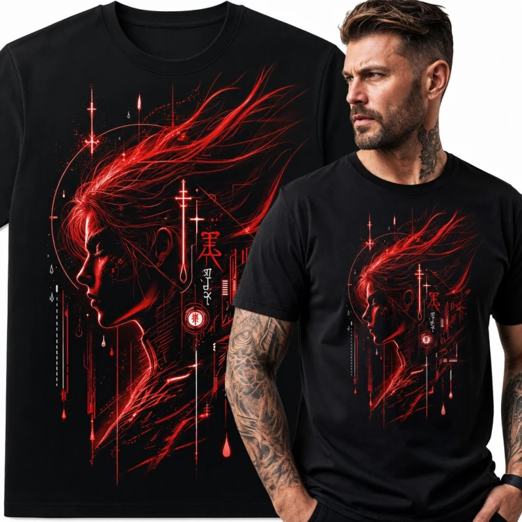 Koszulka męska cyberpunk - profil kobiety z czerwonymi neonowymi włosami