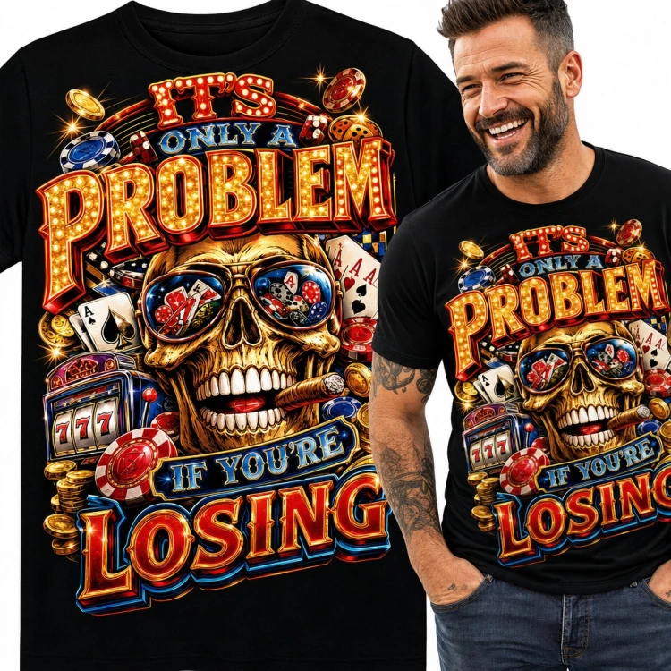 Koszulka męska kasyno ze złotą czaszką „It's only a problem if you're losing” - dla pokerzysty