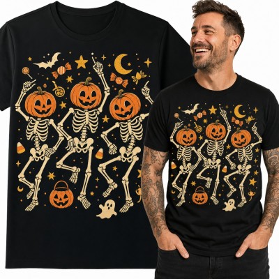 Koszulka męska Halloween - tańczące szkielety z dyniami zamiast głów