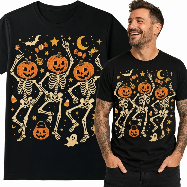 Koszulka męska Halloween - tańczące szkielety z dyniami zamiast głów