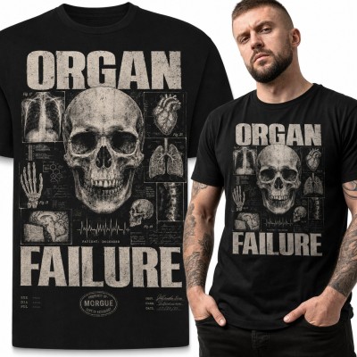 Koszulka męska „Organ failure” - anatomiczna czaszka z rentgenami i kartą z kostnicy