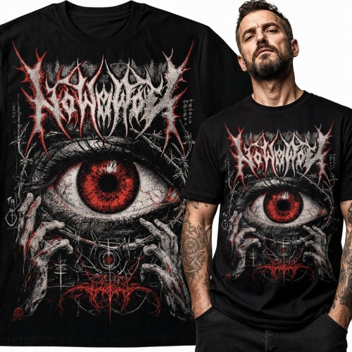 Koszulka męska black metal z czerwonym okiem i drutem kolczastym