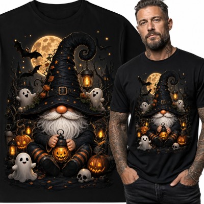 Koszulka męska Halloween z krasnalem w kapeluszu czarownicy i dyniowym lampionem