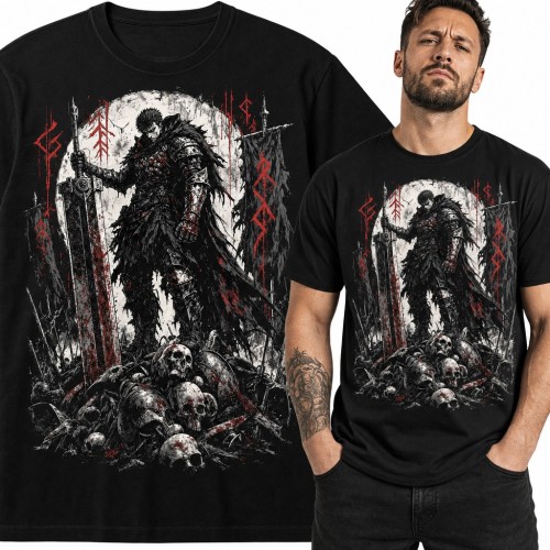 Koszulka męska mroczny wojownik z wielkim mieczem na stosie czaszek - anime dark fantasy