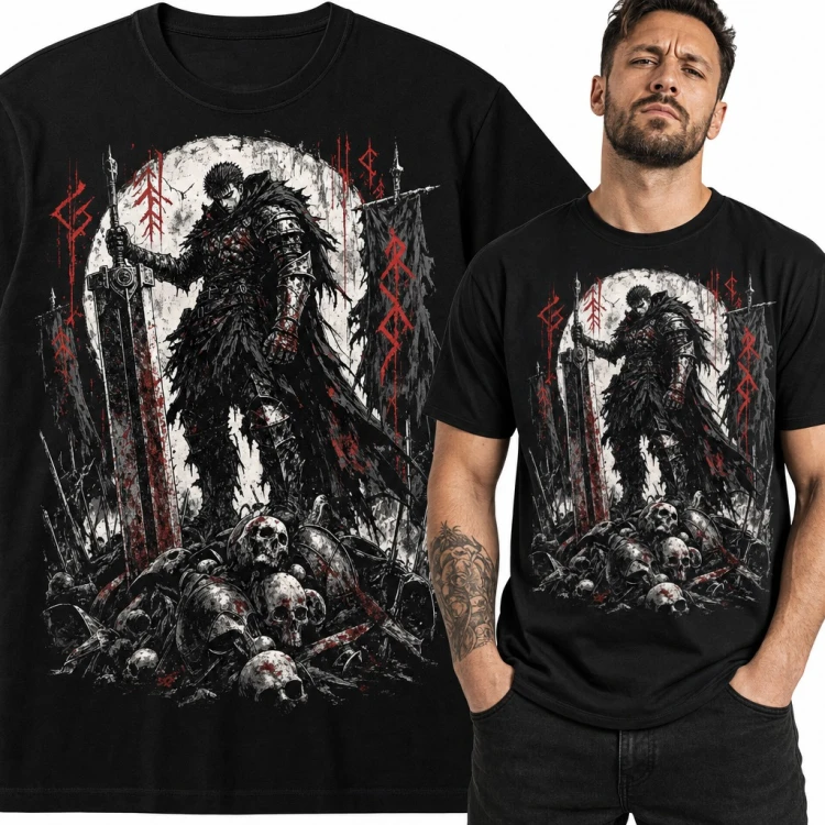 Koszulka męska mroczny wojownik z wielkim mieczem na stosie czaszek - anime dark fantasy