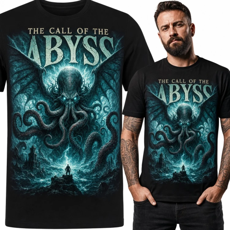 Koszulka męska Cthulhu z mackami i skrzydłami - „The Call of the Abyss”