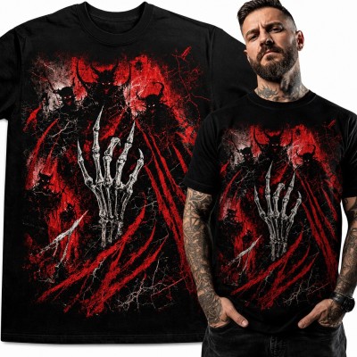 Koszulka męska z dłonią szkieletu i demonami - mroczny wzór metalowy