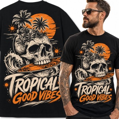 Koszulka męska „Tropical Good Vibes” - czaszka surfera z palmami i falą