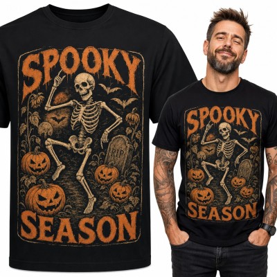 Koszulka męska „Spooky Season” - tańczący szkielet wśród dyń na Halloween