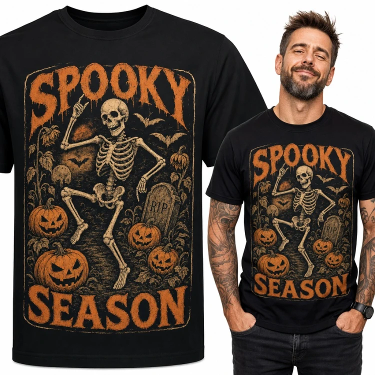 Koszulka męska „Spooky Season” - tańczący szkielet wśród dyń na Halloween