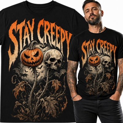 Koszulka męska „Stay Creepy” - halloweenowa dynia i czaszka z nietoperzami