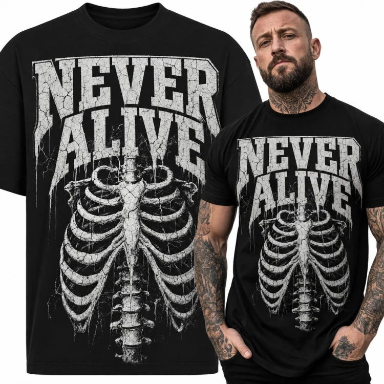 Koszulka męska „Never Alive” - szkieletowa klatka piersiowa w stylu metal