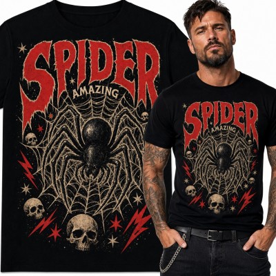 Koszulka męska „Spider Amazing” - czarny pająk na pajęczynie z czaszkami