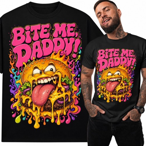 Koszulka męska „Bite me, daddy!” z roztopionym cheeseburgerem