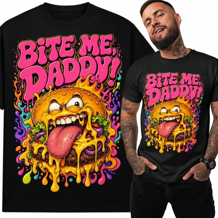 Koszulka męska „Bite me, daddy!” z roztopionym cheeseburgerem