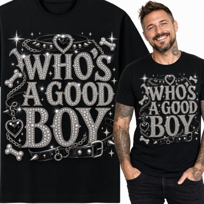 Koszulka męska „Who's a Good Boy” - kryształkowy napis z obrożą z ćwiekami i kośćmi
