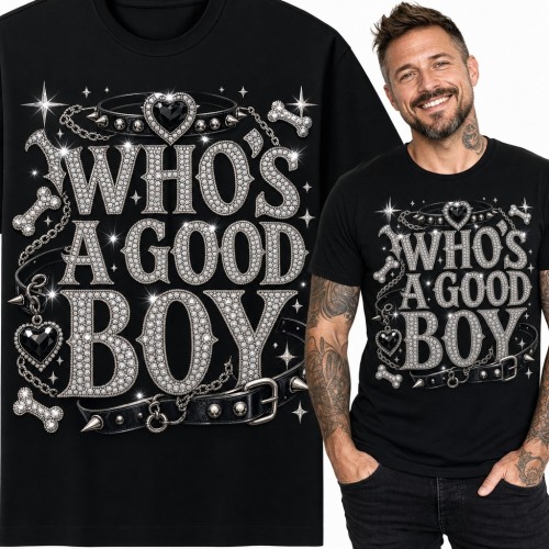 Koszulka męska „Who's a Good Boy” - kryształkowy napis z obrożą z ćwiekami i kośćmi