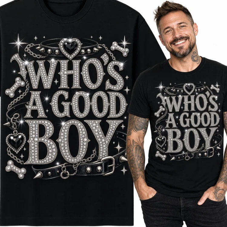 Koszulka męska „Who's a Good Boy” - kryształkowy napis z obrożą z ćwiekami i kośćmi