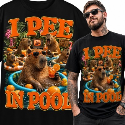 Koszulka męska kapibary w basenie „I Pee in Pool” z drinkami i pomarańczami