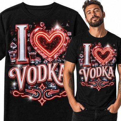 Koszulka męska „I ❤ Vodka” - neonowe serce, kieliszki i lód
