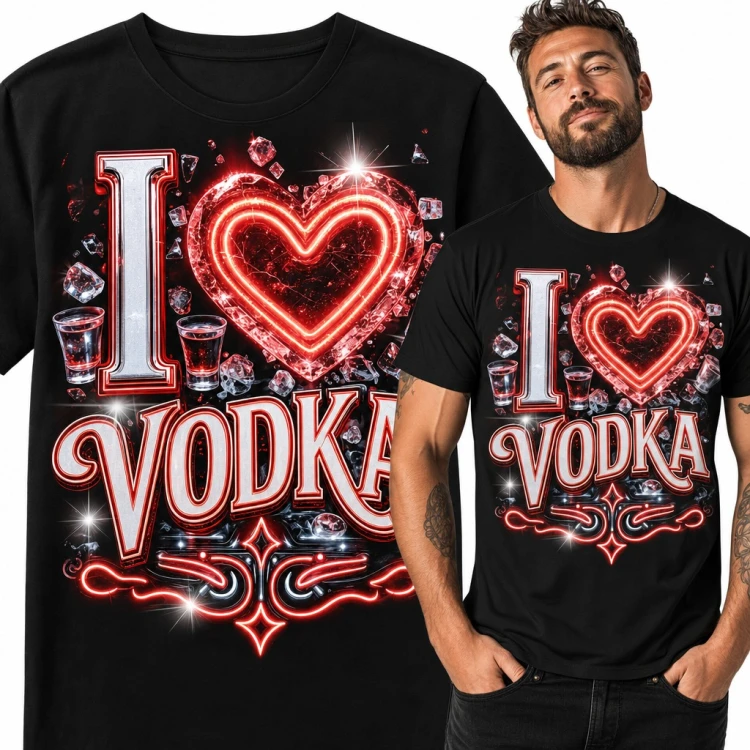 Koszulka męska „I ❤ Vodka” - neonowe serce, kieliszki i lód