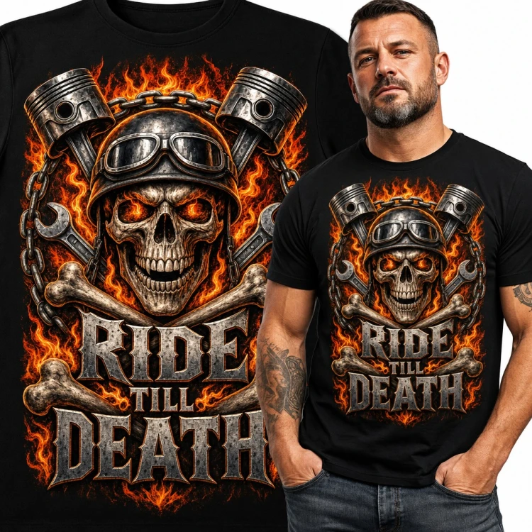 Koszulka męska „Ride till death” - czaszka w kasku z tłokami dla motocyklisty
