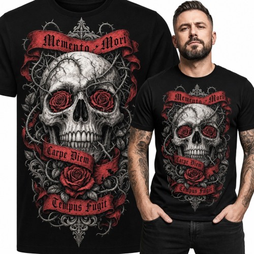 Koszulka męska „Memento Mori” - czaszka z różami w oczodołach i cierniami