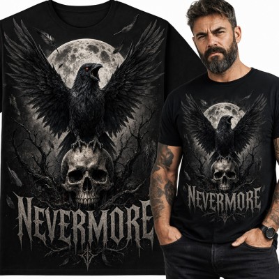 Koszulka męska kruk na czaszce w blasku pełni - „Nevermore”