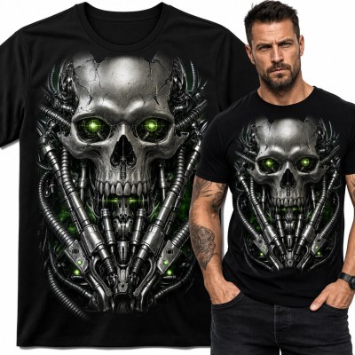 Koszulka męska z cybernetyczną czaszką - biomechaniczny cyborg z zielonymi oczami