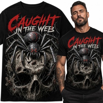 Koszulka męska „Caught in the Web” - pająk na czaszce w pajęczynie