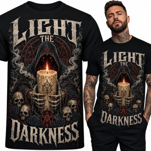 Koszulka męska „Light the Darkness” - zakapturzona postać ze świecą i czaszkami