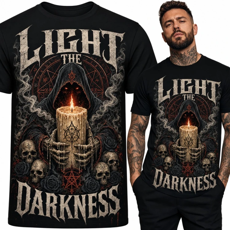 Koszulka męska „Light the Darkness” - zakapturzona postać ze świecą i czaszkami