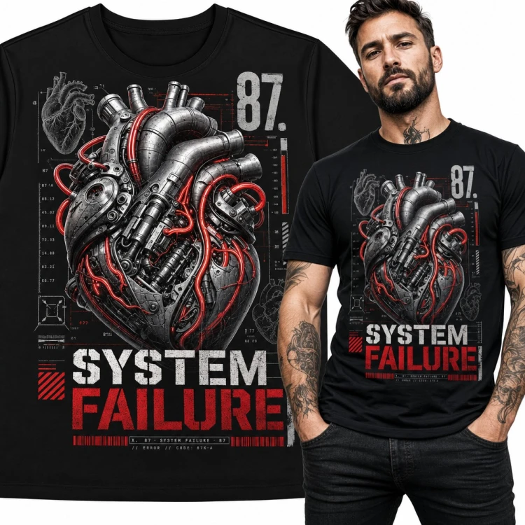 Koszulka męska „System Failure” - mechaniczne serce cyberpunk